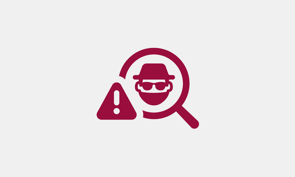 Icon of a masked figure under a magnifying glass with an exclamation mark warning sign on a dark red background